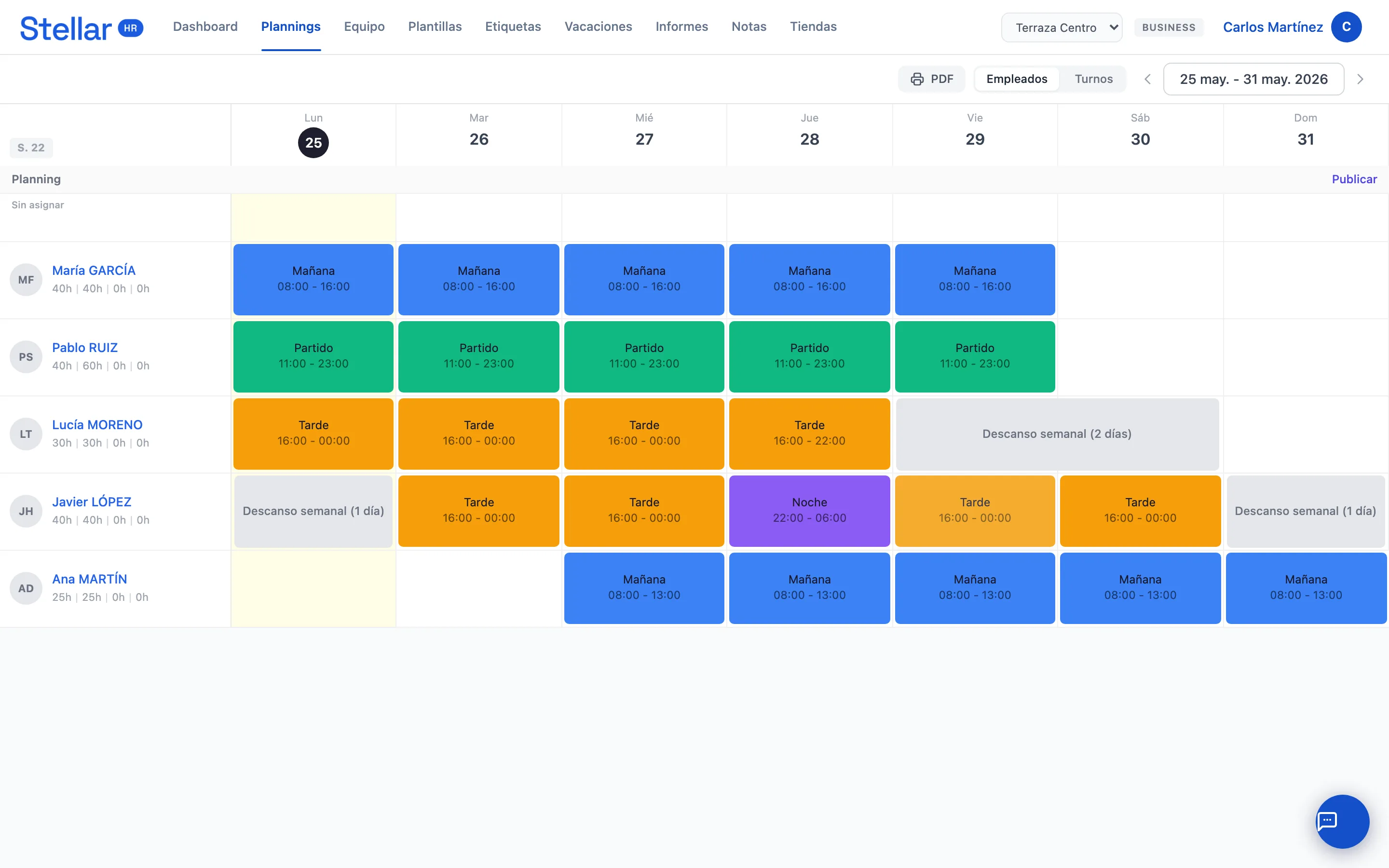 Stellar HR — planificación de turnos y fichaje digital