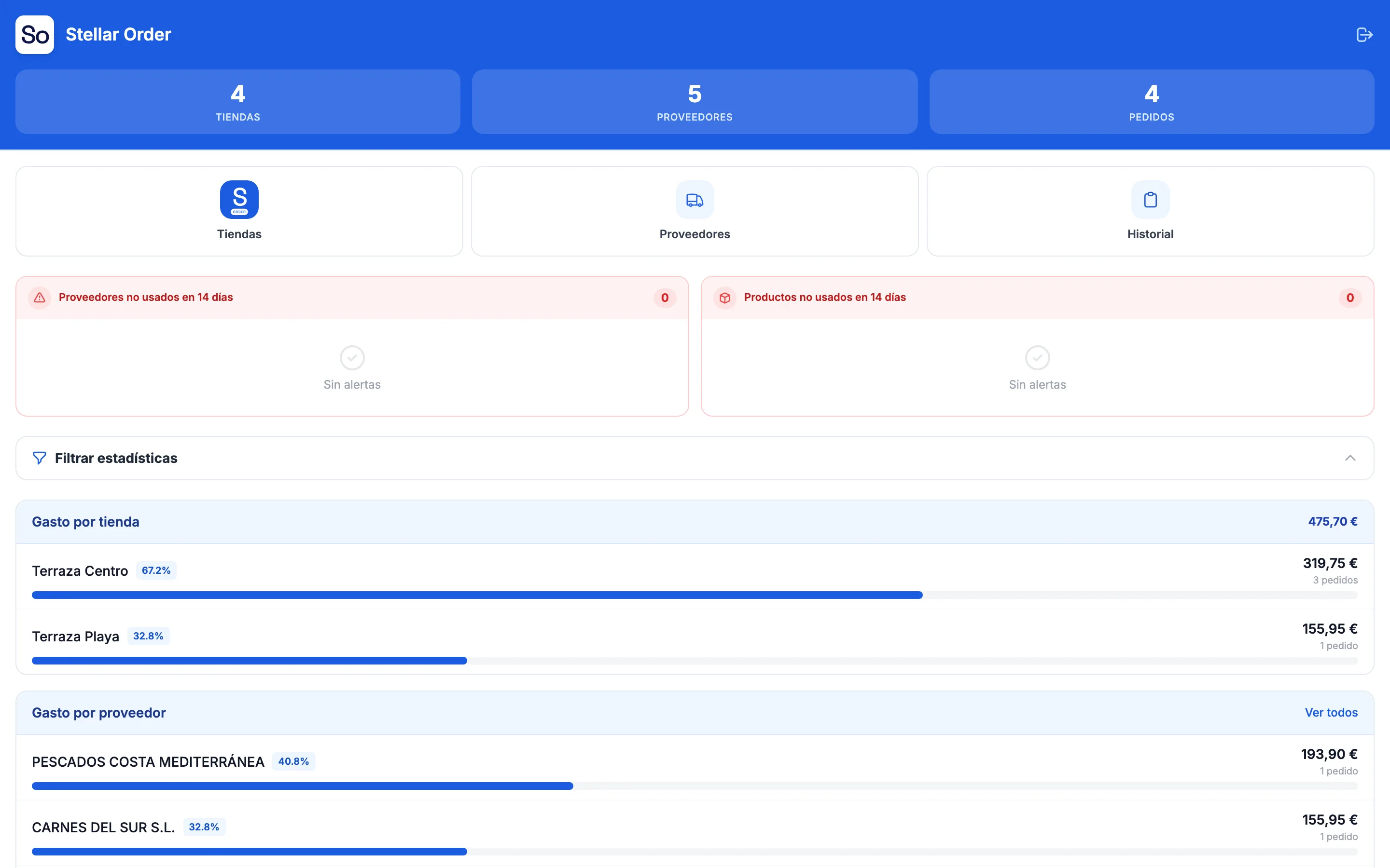 Stellar Order — dashboard de pedidos a proveedores
